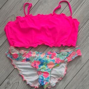 Hot Pink Bandeau Bikini Top with Floral Cheeky Bottom